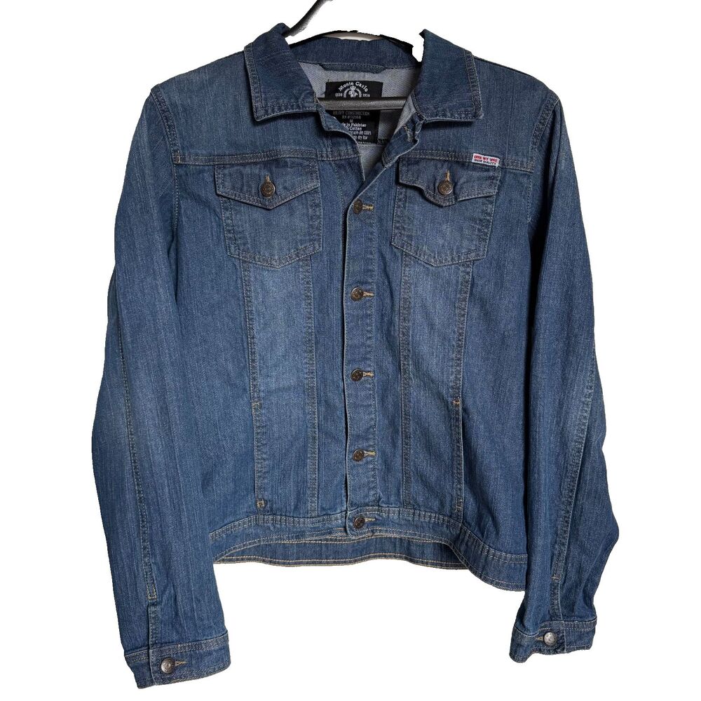 Vintage Y2K Denim Jacket Mens M Blue Fitted Trucker Medium Wash Preppy Classic